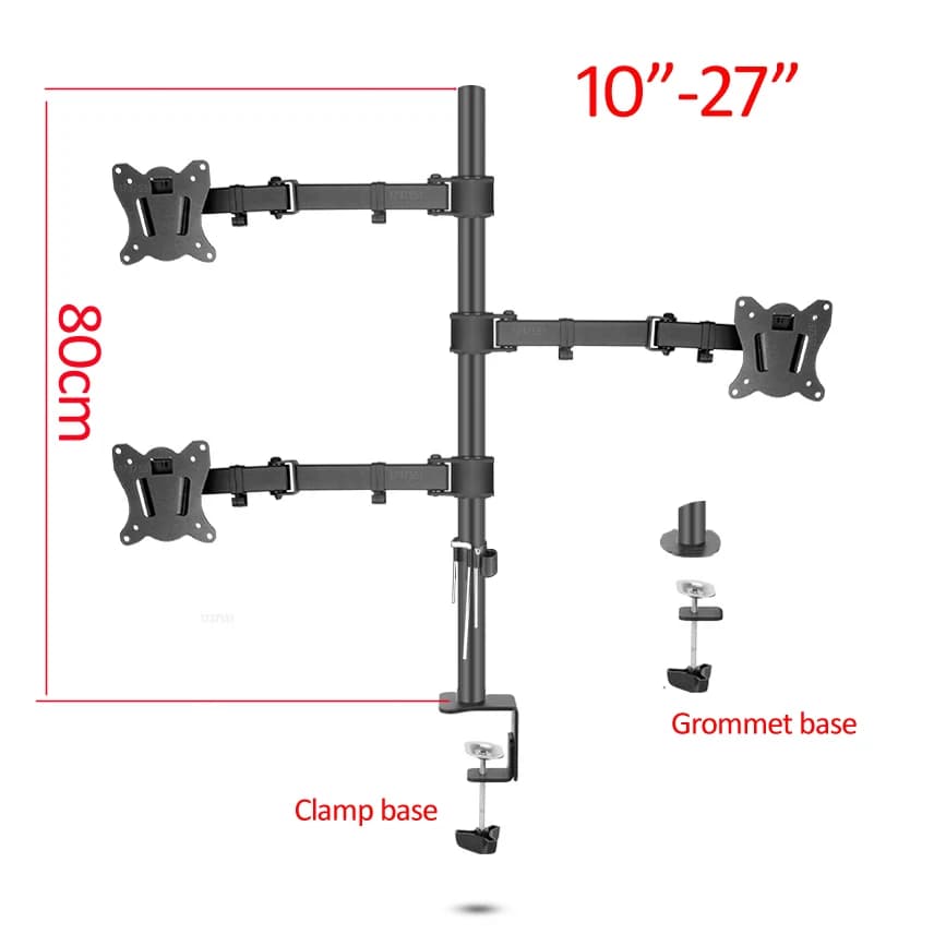 (80cm) DL-T902-380II Full Motion Three Monitor Desktop Stand Holder 10'-27' Clamp Grommet Hole Base PC Mount Foldable Arm 12kg