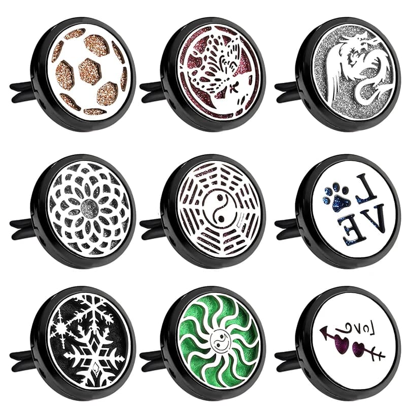 Scent necklace with medallion for essential oil diffuser for stainless steel car with car deodorant clip for aromatherapy in bright black flower style