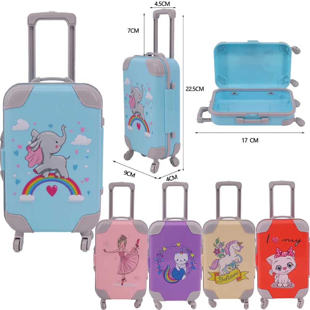 Valigia per accessori per bambole con stampa di animali dei cartoni animati, adatta per bambole americane da 18 pollici, contenitore per vestiti per bambole da 43 cm, regalo per bambini