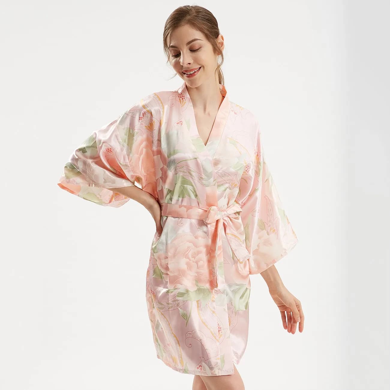 Raso Femminile Kimono Accappatoio Abito Sexy Del Fiore Della Stampa Camicia Da Notte di Seta Sposa Damigella D'onore di Cerimonia Nuziale Robe Degli Indumenti Da Notte Morbido Vestiti A Casa