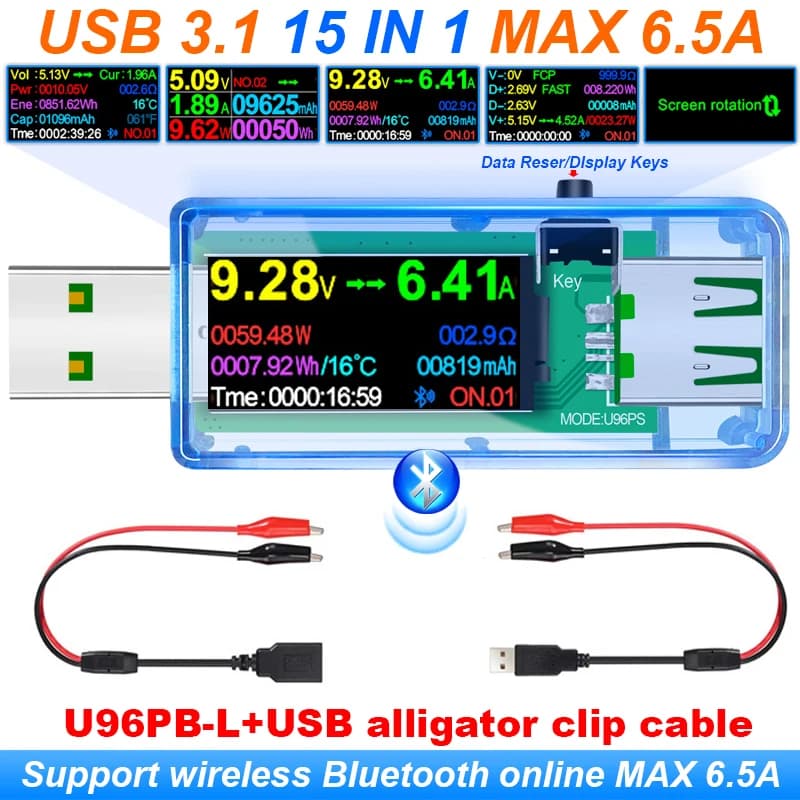 15 IN 1 USB 3.1 Tester DC Voltmetro digitale Amperometro Misuratore di tensione e corrente Amperometro Rivelatore Indicatore caricabatterie rapido 6.5A