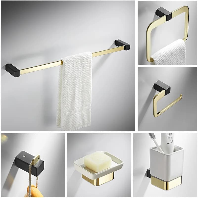 Kit portasciugamani in oro nero da sei pezzi, portasciugamani da bagno, porta carta, gancio per asciugamani, ciondolo con gancio per vestiti