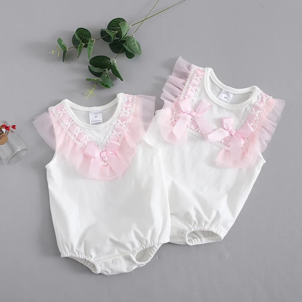 Summer Lace Bow Newborn Baby Girls Bodysuits White Cotton Jumpsuit Onesie Clothes