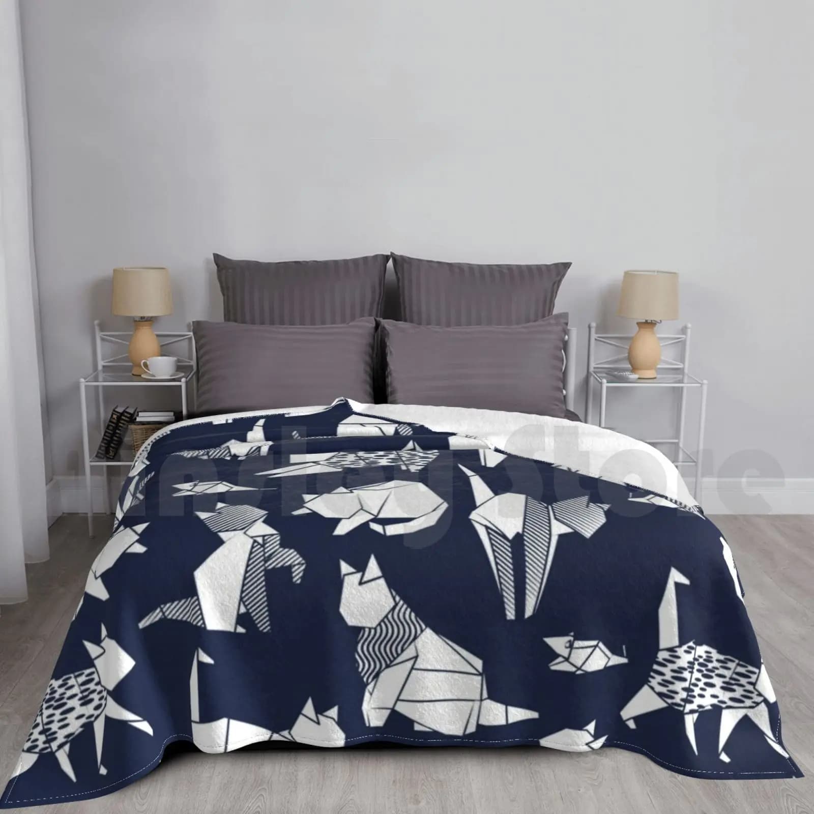 Origami Kitten Friends / / Blue Navy Background Paper Cats Blanket For Sofa Bed Travel Cat Illustration Cats