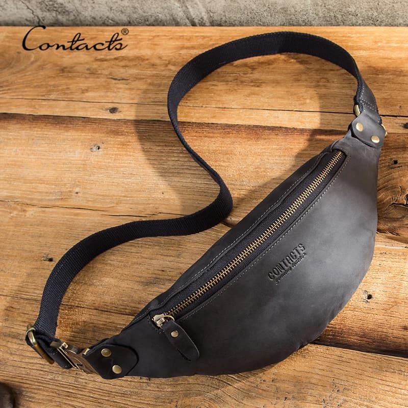 Marsupio da viaggio CONTACT'S 100% in pelle Crazy Horse per uomo, borsa da cintura in pelle, marsupio multifunzione da petto.