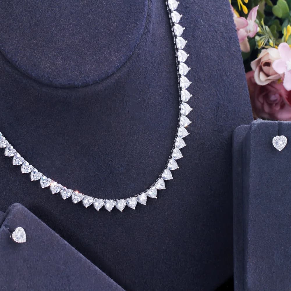 Pera Romantic Love Heart Shape Charm Cubic Zirconia Women Party Clavicle Choker Necklace Earrings Fashion Prom Jewelry Sets J472