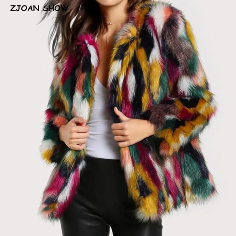 Fashion Contrast Multicolor Synthetic Fur Coat Long Coat Furry Shaggy Outwear Women Autumn Winter Short Jacket Coat Top