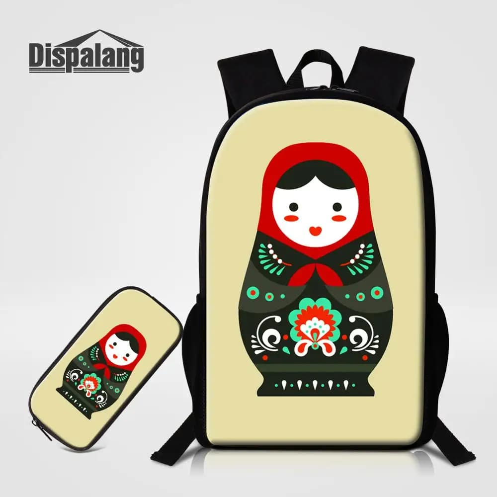 Matryoshka Russian Doll Pattern Girls School Backpack Customizable Kids Bookbag Fashionable Pencil Case Set for Children