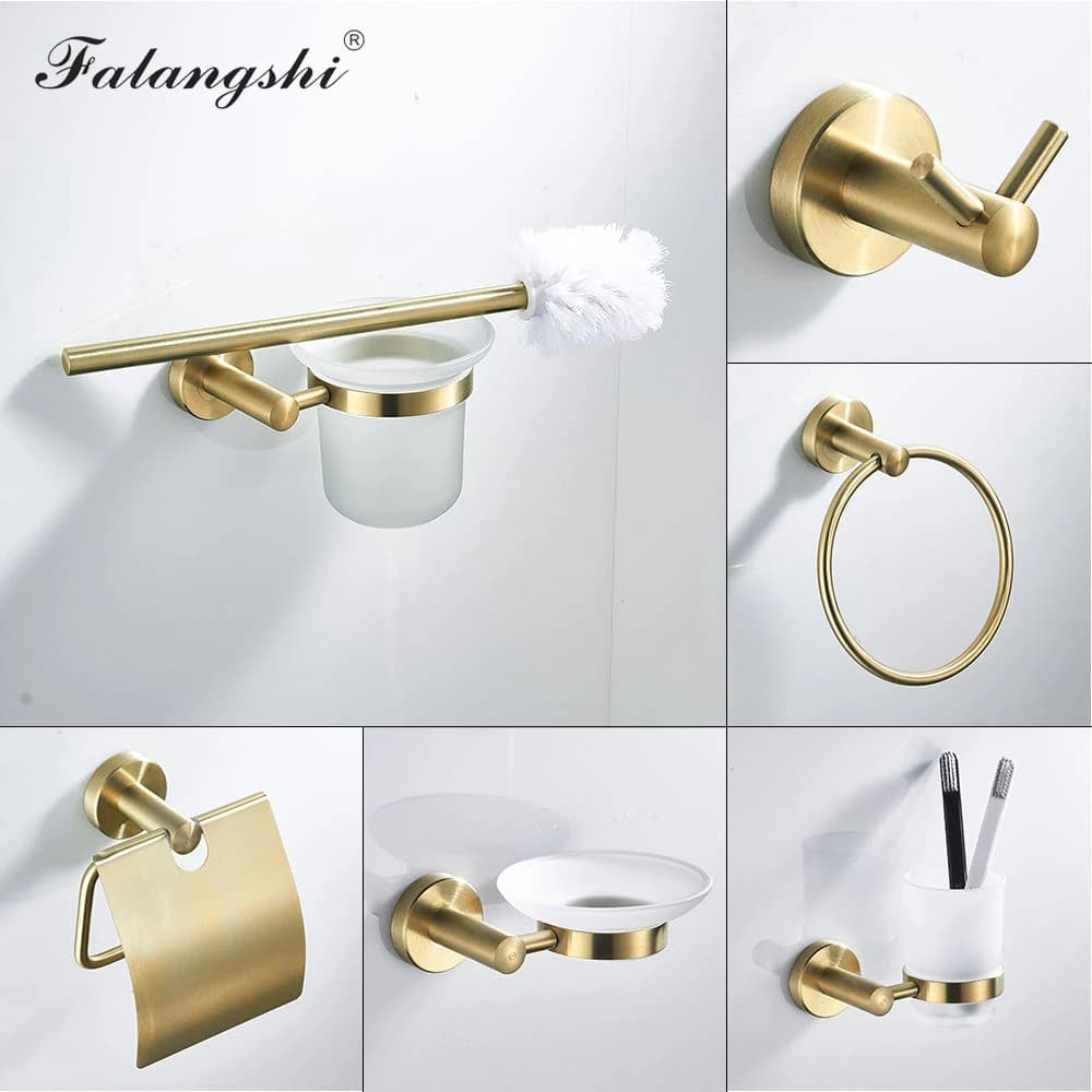 Falangshi accessori per il bagno ganci per accappatoio anello per asciugamano porta scopino portasapone Set di accessori per il bagno spazzolato oro WB8834