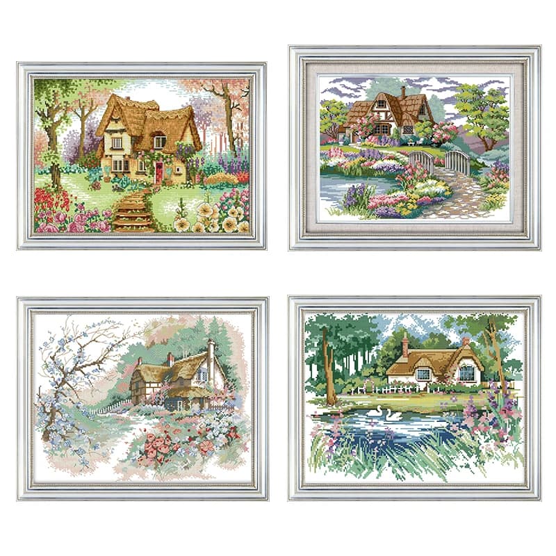 Crosstitch Kit con Il Modello Village Garden Cottage Paesaggio Stampa a Punto Croce Kit di Ricamo 14CT Cotone da Ricamo per Cucire Kit