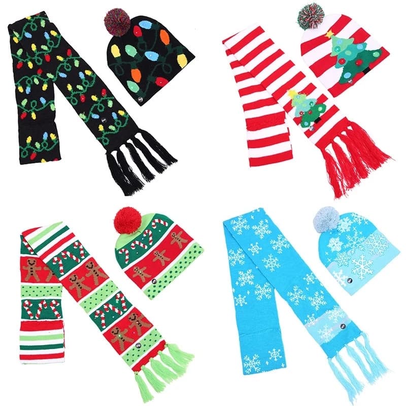 Sciarpa con cappello natalizio lavorato a maglia a LED per adulti e bambini Beanie Light Up illumina il cappello caldo capodanno decorazioni natalizie con palla