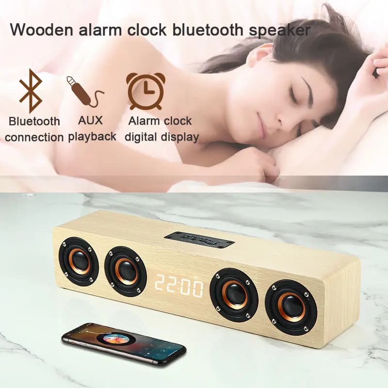 Altoparlanti Bluetooth USB 4 altoparlanti Barra audio in legno Subwoofer Colonna sonora con display orologio a LED Sistema audio radio FM Boom Box