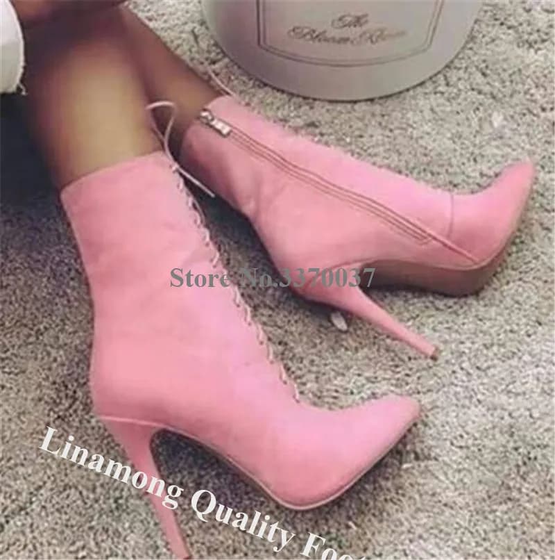 Linamong Women's short boots with suede stiletto heel with pointed toe ankle boots with high heel with pink zipper with laces Elegant heels