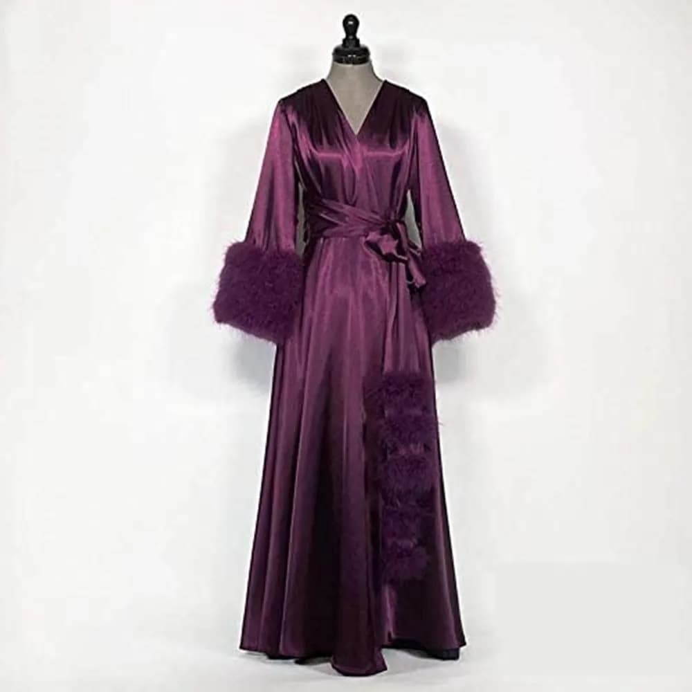 Women's Purple Satin Wedding Watch with feathers Dessous Maternity Bathrobe Photos