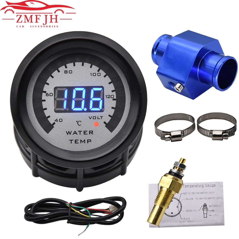 52mm 2 In 1 Auto Da Corsa Digitale Tensione + Indicatore di Temperatura Dell'acqua 40-140 Celsius Temp Meter1/8 NPT Sensore Comune Tubo Adattatore