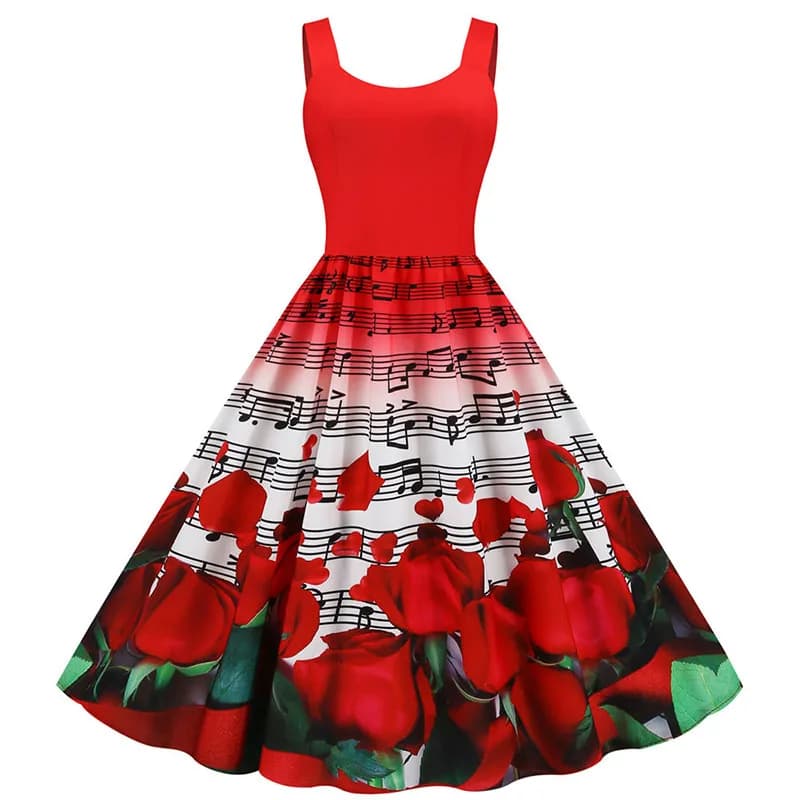 Nota musicale estiva Stampa floreale Donna Sexy Abito da festa di Capodanno Cinghia per spaghetti Abito altalena vintage Abiti di San Valentino