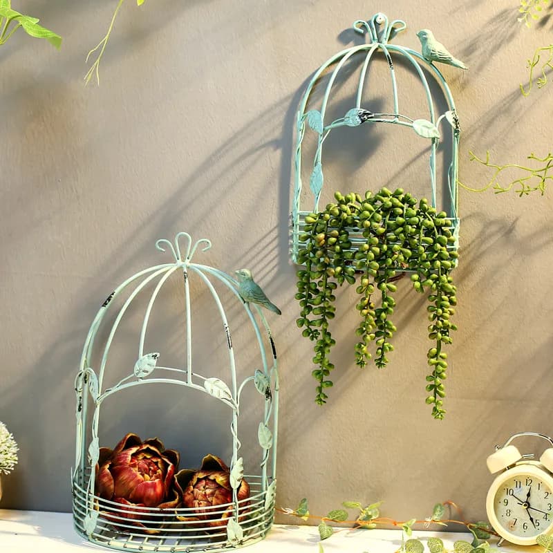 Vintage American Country Metal Wall Hanging Iron Wire Half Bird Sand Flower Jar Garden Decoration