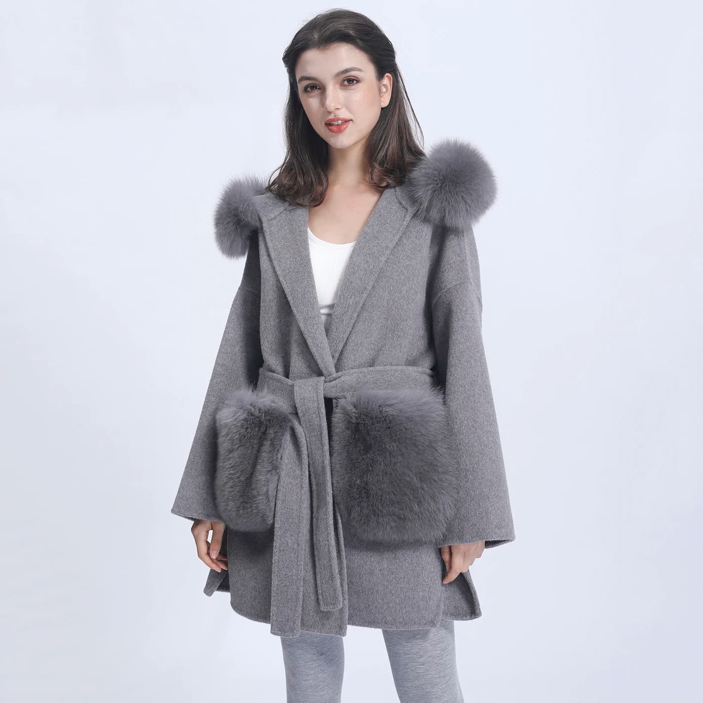 MISSJANEFUR Wool Coat Women Fashion Caual Fur Trim Hood Wool Jacket With Big Fox Fur Pockets Loose Belted Coat Women