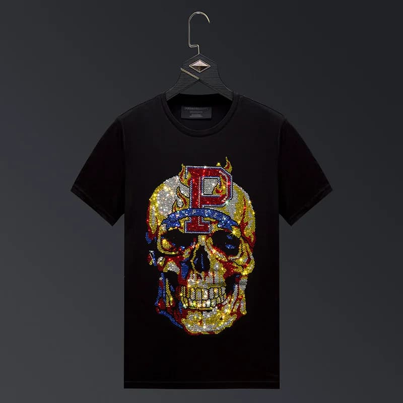 2025 Estate Strass Teschio T-shirt Uomo Moda Streetwear O Collo Manica corta Slim Mercerizzato Cotone Magliette Plus Size 6XL