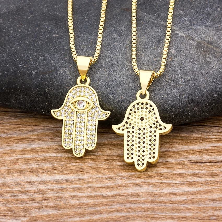 Nidin Hot Sale Women Men Hamsa Hand Necklace Gold Plated Copper Zircon Evil Eye Pendant & Chain Hip Hop Turkish Luck Jewelry