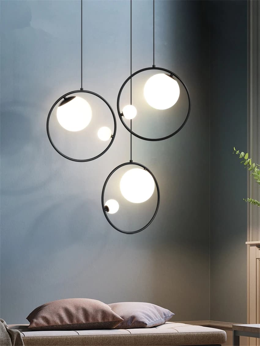 Lampade a sospensione ad anello in ferro nero nordico camera da letto moderna di lusso a lunga linea lampade in vetro bar cucina soggiorno illuminazione decorativa sospesa