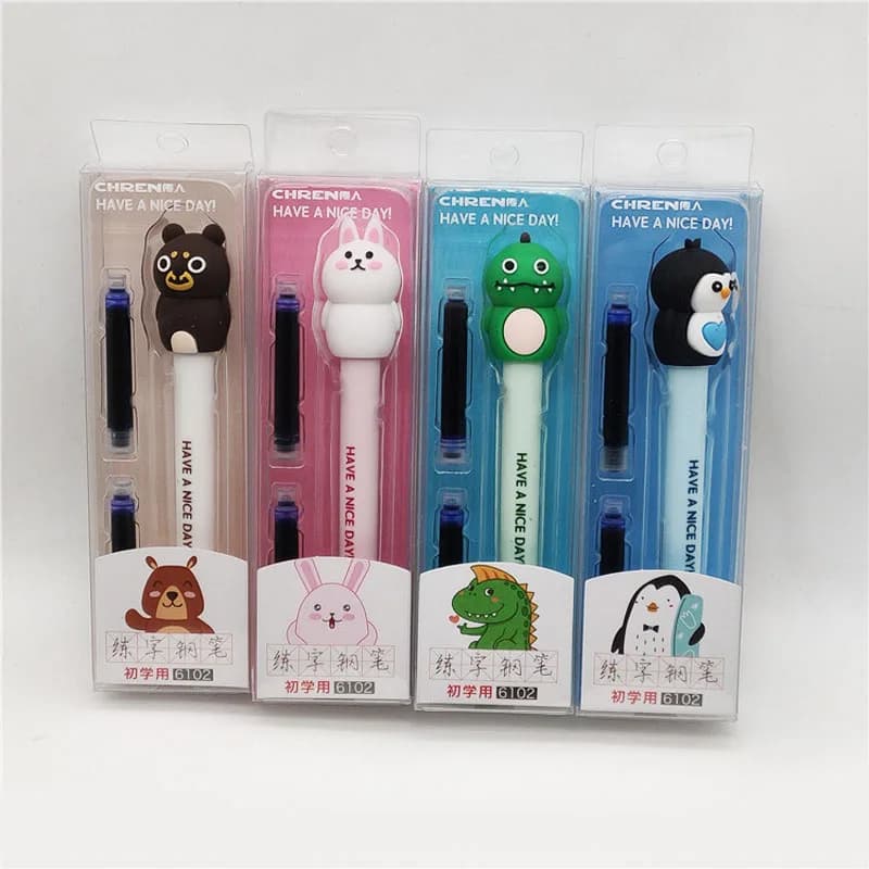 Cute cartoon animals Erasable Fountain Pen Set With Blue Ink Replacable Calligraphy Pen School Kawaii Students Stationery Gifts
