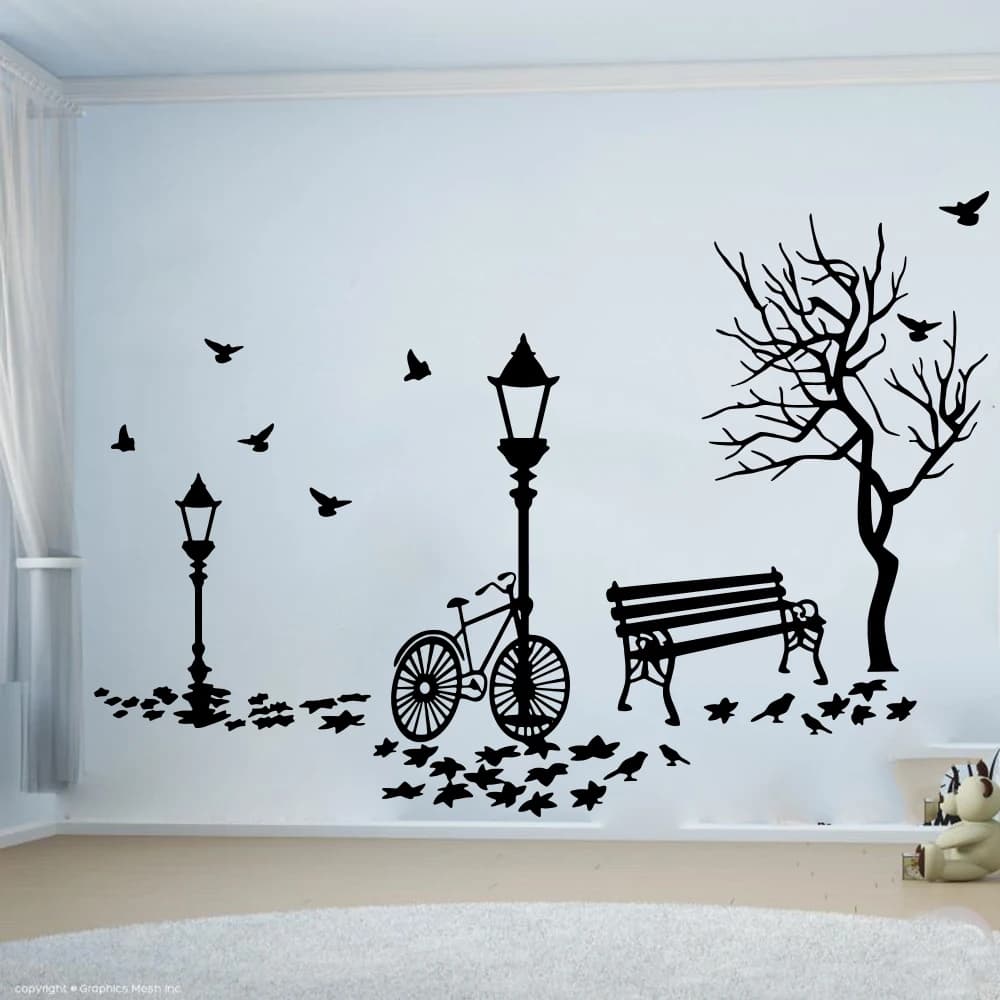 Moderno paesaggio autunnale bici albero lampione adesivo da parete camera dei bambini camera da letto foglia sedile uccello natura adesivo da parete sala giochi vinile De