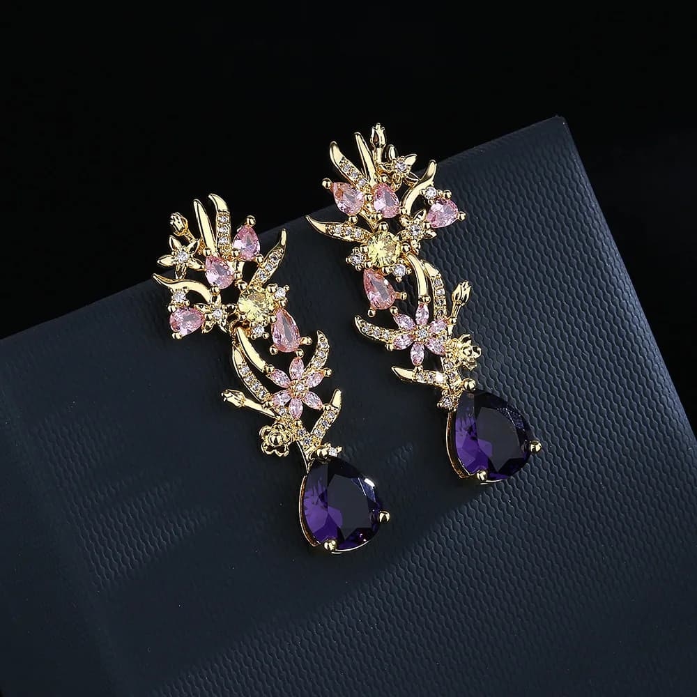 Exaggerated atmosphere zircon flower earrings fashion colored diamond hollow catwalk street photography female party jewelry