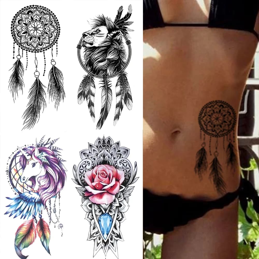 Waterproof Temporary Tattoo Sticker Dream Catcher Flash Tattoos Lion Flowers Body Art Arm Fake Sleeve Tatoo Women