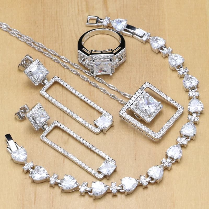 Silver 925 Jewelry Sets White Zircon Stone Beads Decoration Women Engagement Earrings/Pendant/Rings/Bracelet/Necklace Set
