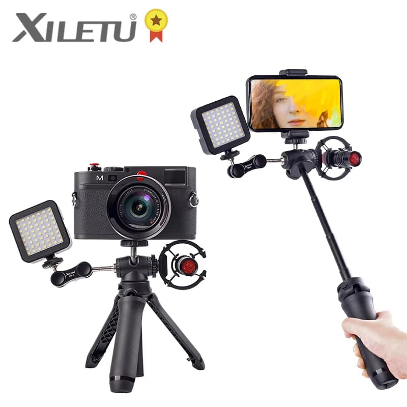Treppiede da Tavolo XILETU Estensibile con Asta Selfie 360° ° Testa a sfera con vite da 1/4'' e attacco cold shoe per telefono, fotocamera, vlog e live streaming