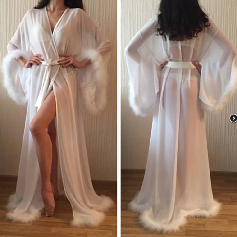 Accappatoio di piume da donna scialle da sposa sciarpa da sposa lunga illusione abito da sposa in Chiffon abito da notte vestaglia abito premaman