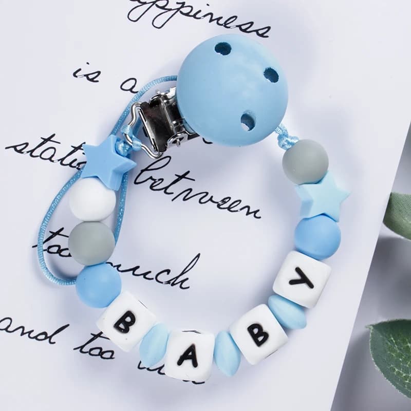 Nuovo nome personalizzato per bambini clip per ciuccio fatte a mano catena porta ciuccio in Silicone catene catena per dentizione per massaggiagengive a cinque stelle