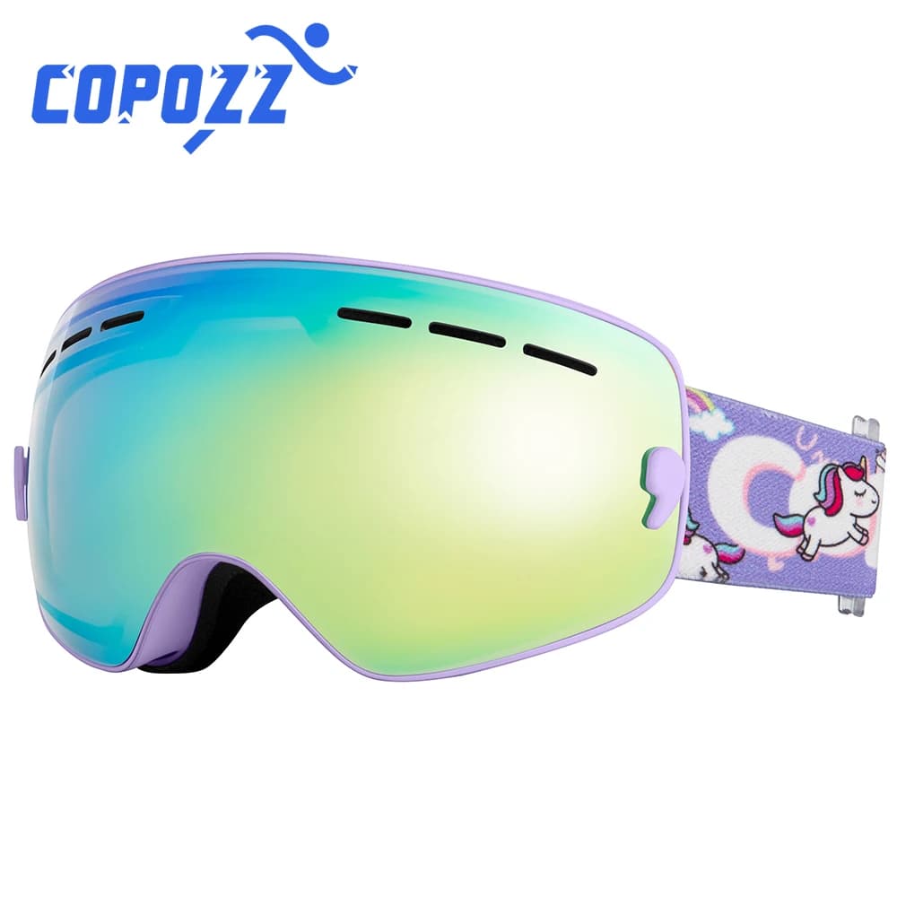 COPOZZ 4-15 anni Occhiali da sci per bambini Anti-appannamento Occhiali da snowboard per bambini Doppio maschera da sci UV400 Occhiali con cinturini per cartoni animati