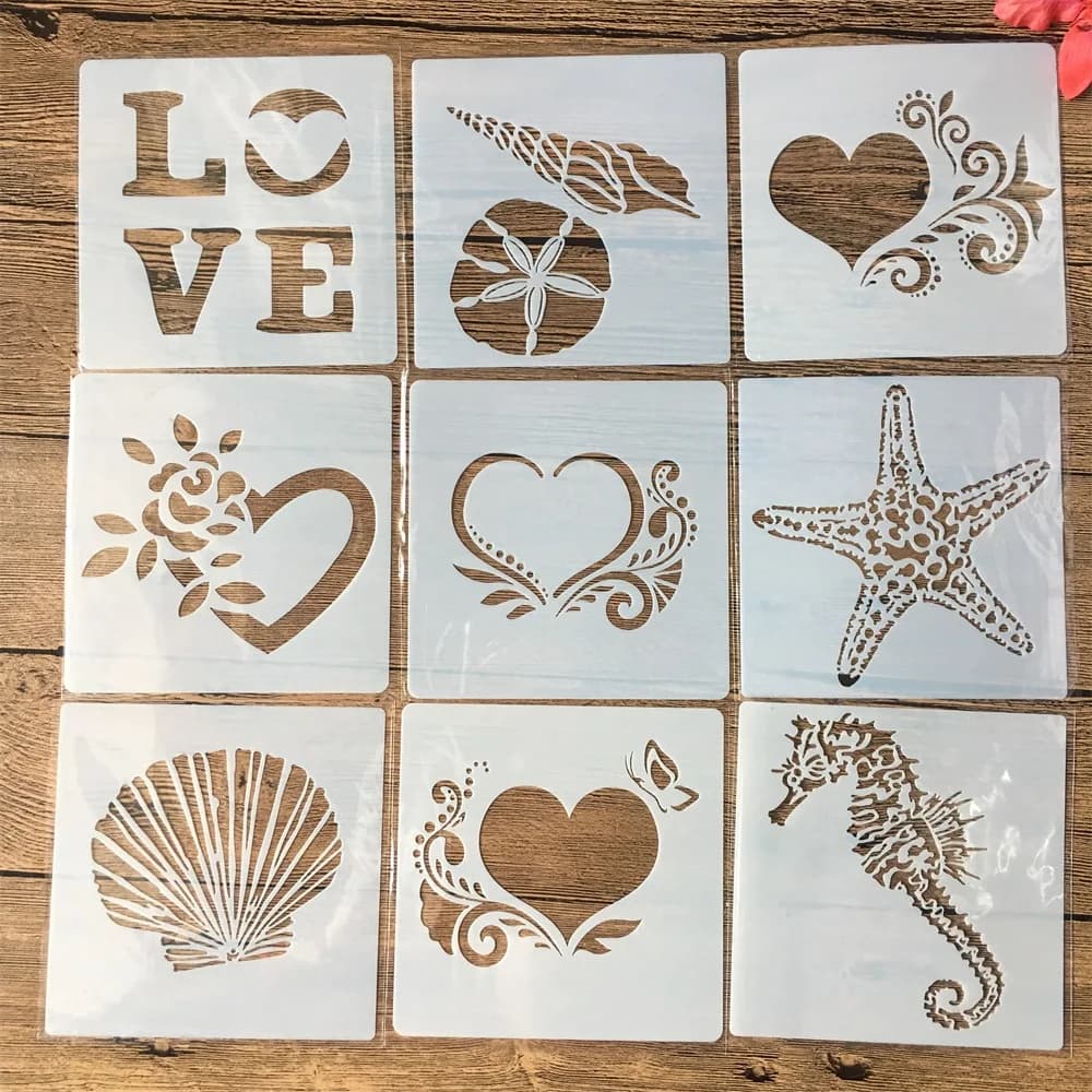 9Pcs/Set 13cm Shell Love Hippocampus DIY Layering Stencils Painting Scrapbook Coloring Embossing Album Decorative Template