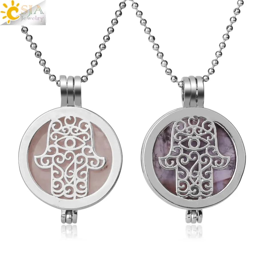CSJA Natural Stone Locket Pendants Necklaces Fatima Muslim Hamsa Hand Essential Oil Diffuser Healing Necklace for Women Men G309