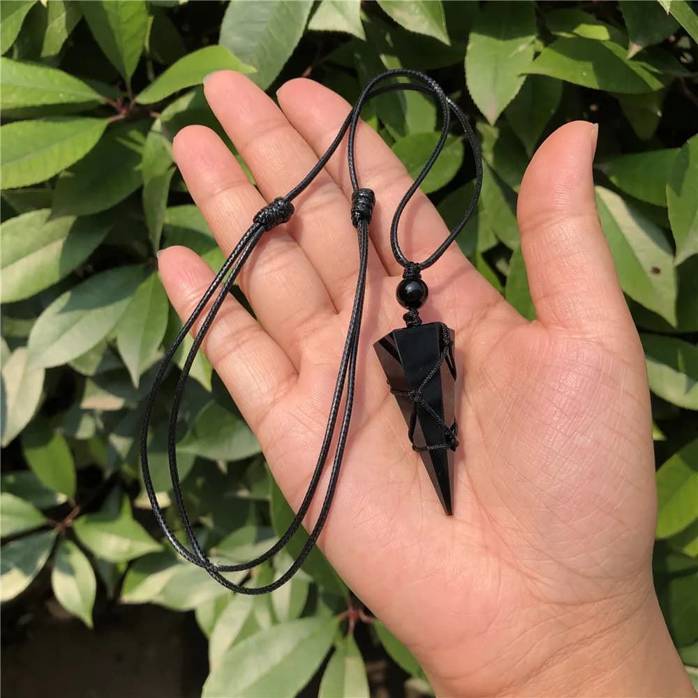 1 pz Fengbaowu naturale nero ossidiana ciondolo a forma di cono pendolo collana regolabile cristallo Reiki guarigione pietra preziosa regalo