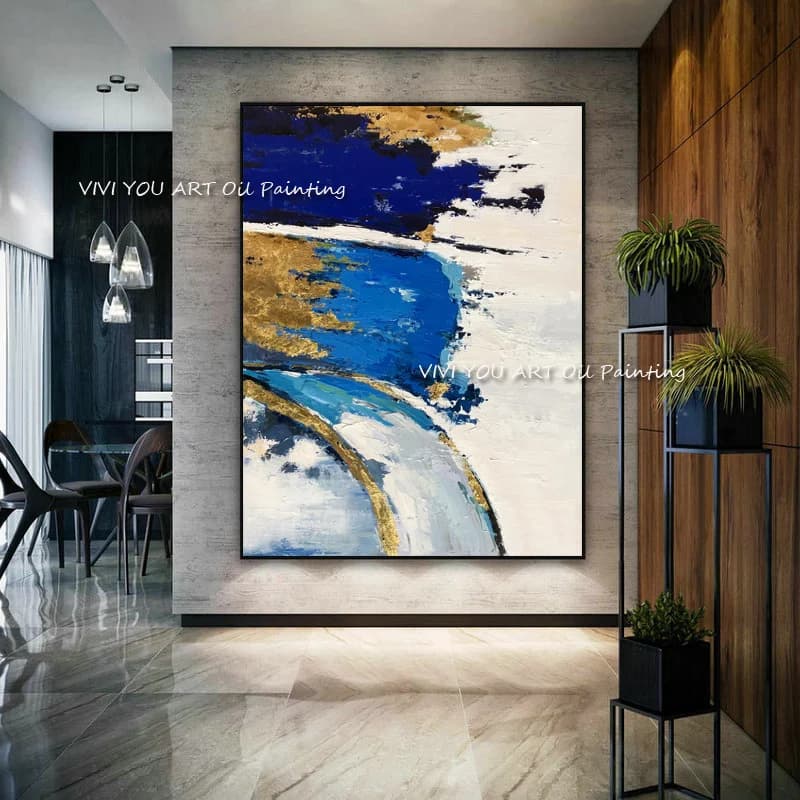 Thick Paint Hand Drawn Deep Blue Golden Abstract Painting, Canvas Wall Art, Minimal Luxury Decor For Home Interior