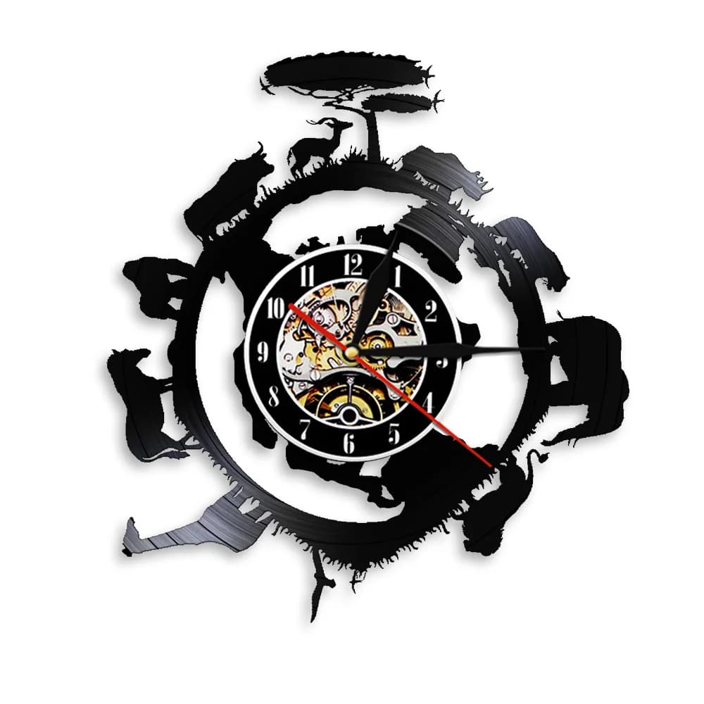 Wall clock in vinyl with animal theme of the African jungle, home decoration, giraffe, sunset landscape, modern design, hanging clock