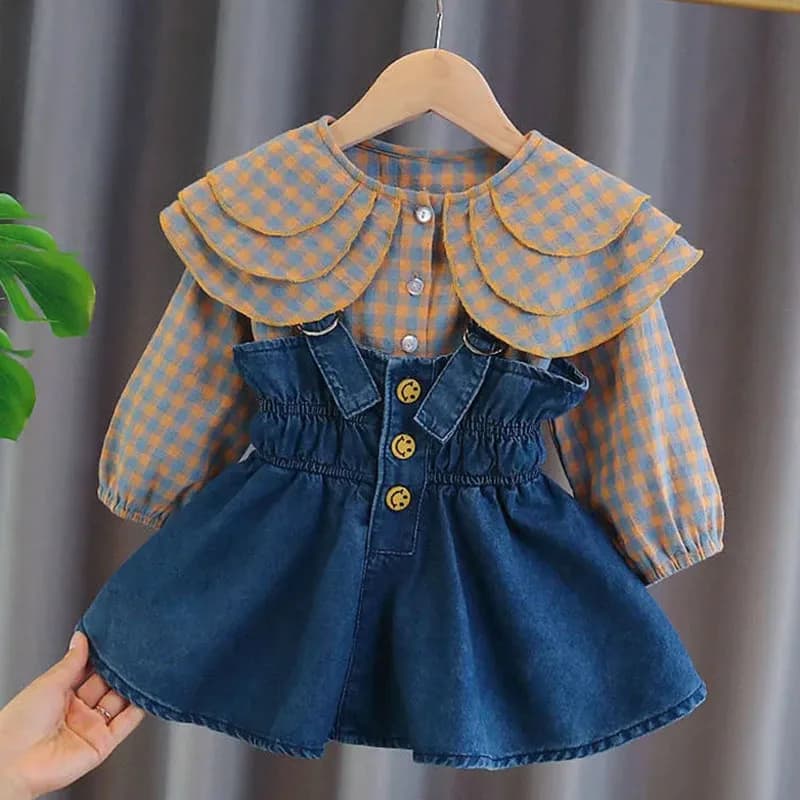 Toddler Kids neonate Plaid camicetta Sling Denim Dress primavera manica lunga top neonate vestito per bambini vestiti set 2021