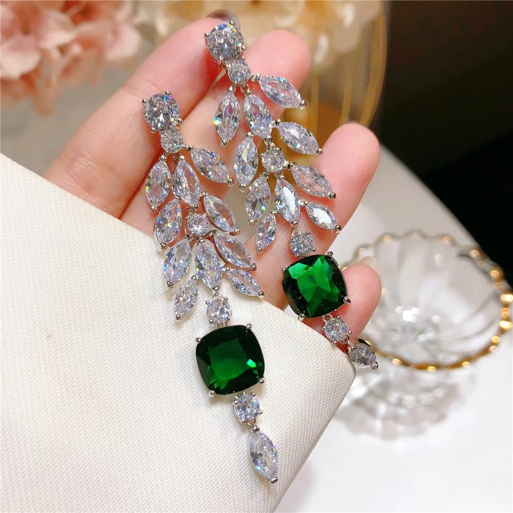 S925 Silver Ago Cubic Zirconia Eardrop Vintage Eardrop Green Leaves Accessories Fidanzamento Fashion Jewelry