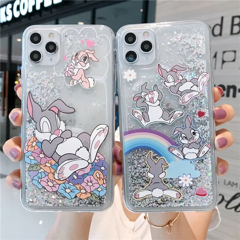 Custodia per telefono con sabbie mobili con coniglio arcobaleno per iPhone 14 15 16 Pro Max Custodie Cartoon Heart Moving Sand Dynamic Women Cover Funda Shell