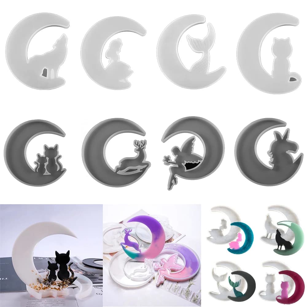 Smiley Moon stampo in resina specchio luna Fawn Cat stampi in Silicone lupo angelo argilla stampo per colata in gesso per artigianato fai da te strumento in resina epossidica
