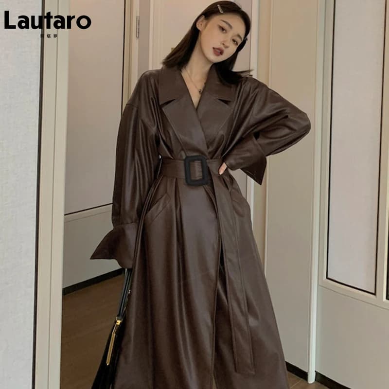 Lautaro-Trench lungo da donna in ecopelle marrone, sfilata con cintura, elegante ampio, stile europeo, moda autunnale, 2024