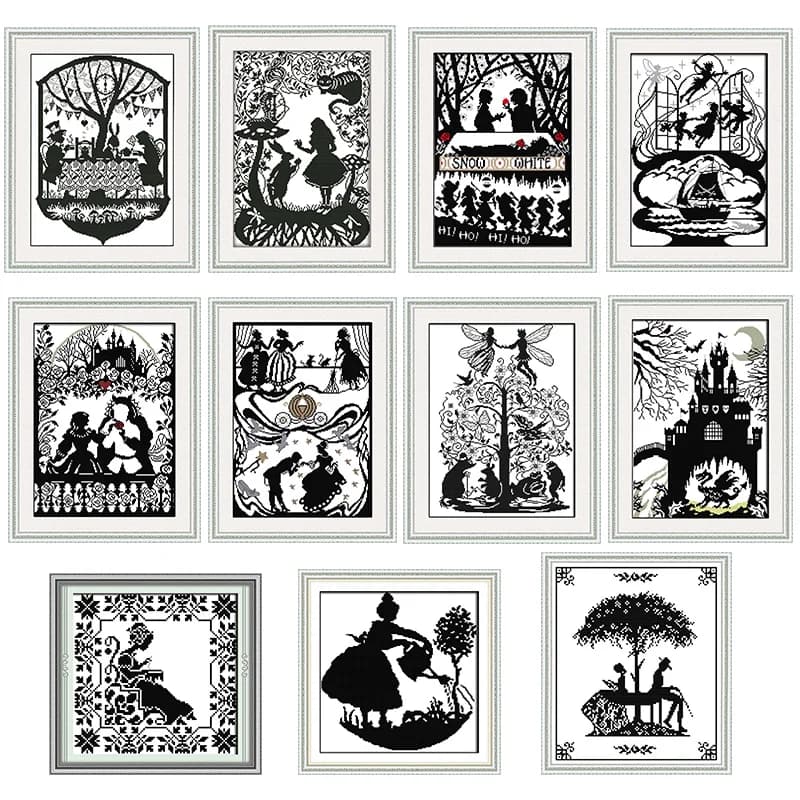 Fairy Tale Character Series Black and White Print Cross Stitch Kit 14CT Monochrome Embroidery Kit DIY Beginner Simple Embroidery