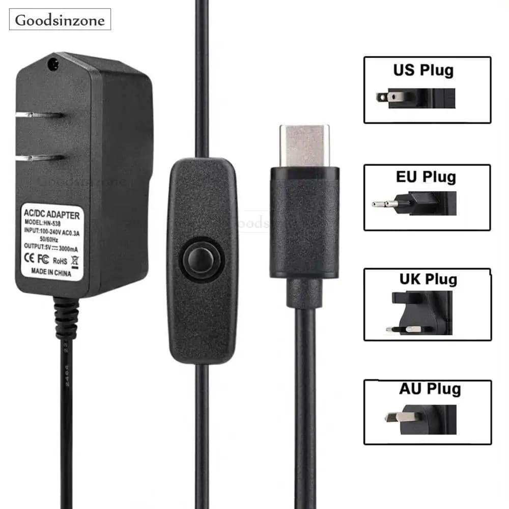 Raspberry Pi 4 B power supply, US EU UK AU 5V 3A USB C USB-C 1m Charger Adapter Cable 39.37" for Raspberry Pi 4 model B