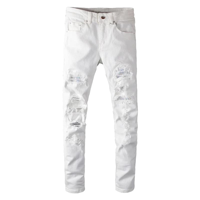 Sokotoo Jeans strappati con fori in cristallo bianco da uomo Pantaloni in denim elasticizzato con strass skinny slim alla moda