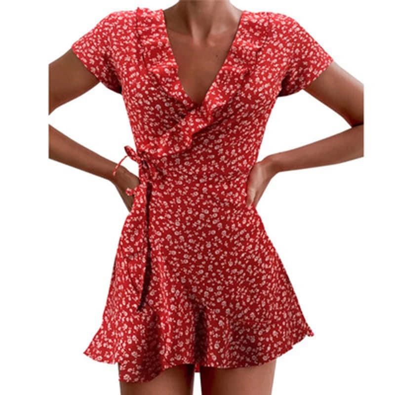 Abito estivo a trapezio Floal da donna Dolce ed elegante con volant floreale con scollo a V Abito corto con fasciatura per mini abito da donna con fiori chic