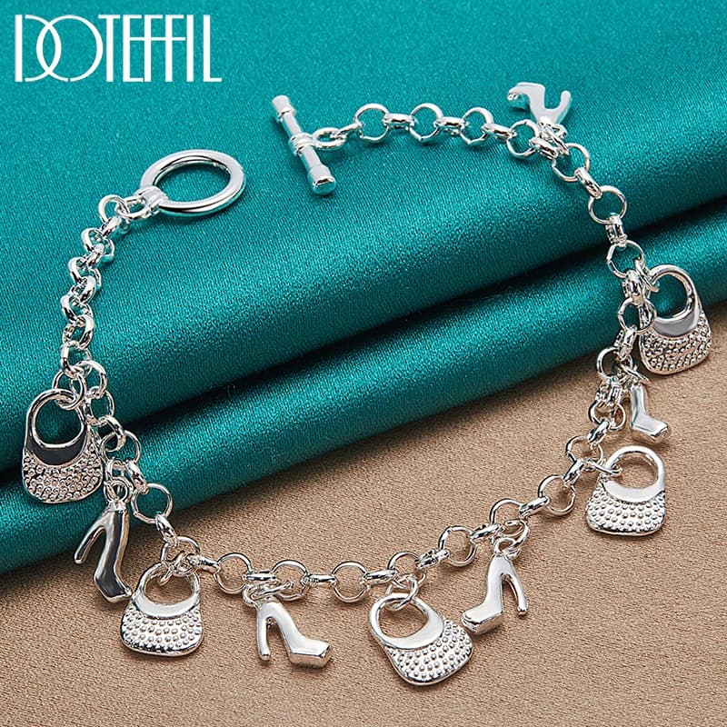 DOTEFFIL Braccialetti con ciondolo a forma di borsa con tacco alto in argento sterling 925 per gioielli da fidanzamento con ciondoli da donna