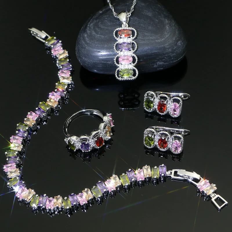 Set di gioielli da sposa Set di anelli per bracciale con collana pendente in argento 925 con zirconi cubici multicolori in cristallo bianco